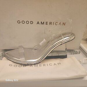 NIB Good American Cinder-F*cking Rella Wedge Silver. Size: various